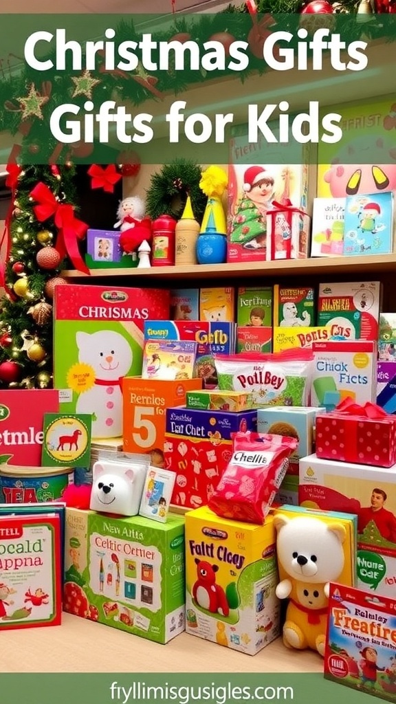 A collection of Christmas gifts for children, including toys, books, and art supplies, arranged under a decorated Christmas tree.